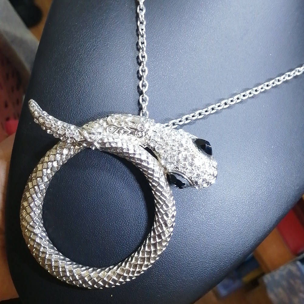 Sparkling Crystals Large Silver Snake Pendant Statement Necklace 26" Long